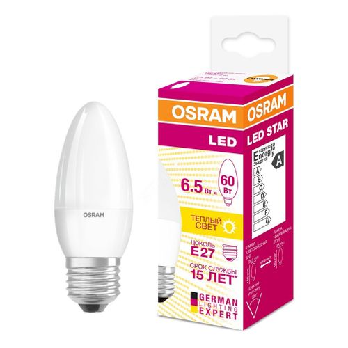 Лампа светодиодная Osram LED E27 6,5W свеча теплый свет