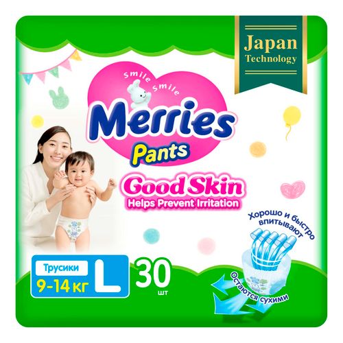Подгузники-трусики Merries Good Skin L (9-14 кг) 30 шт