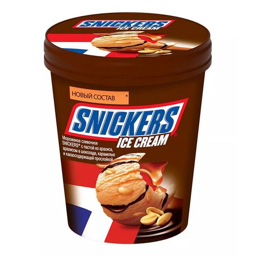 Мороженое сливочное Snickers арахис в глазури с карамелью и шоколадной прослойкой БЗМЖ 375 г