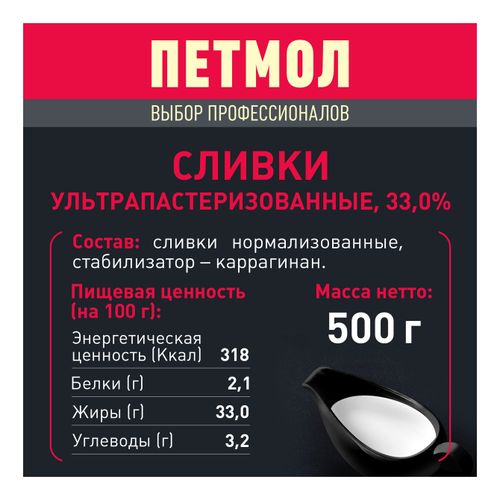 Сливки-крем Петмол для взбивания ультрапастеризованные 33% БЗМЖ 500 мл