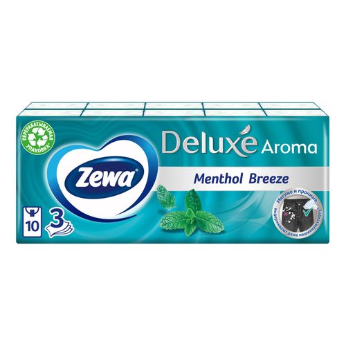Носовые платочки Zewa Deluxe Aroma Ментол 3 слоя 10 шт, 10 упаковок