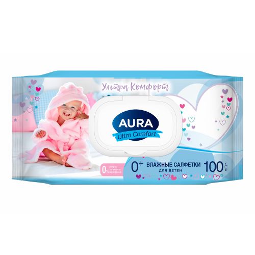 Салфетки влажные детские Aura Ultra Comfort с экстрактом алоэ и витамином Е 100 шт