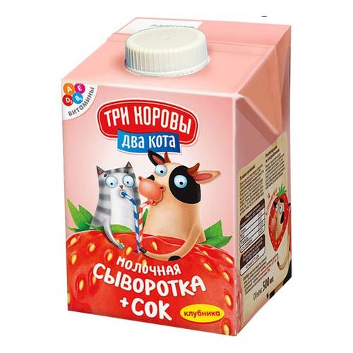 Молочная сыворотка Три коровы два кота с соком клубники БЗМЖ 500 мл