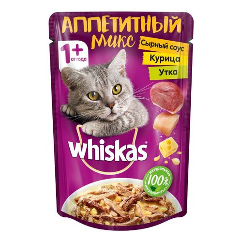 Влажный корм Whiskas Аппетитный микс курица и утка с сырным соусом для кошек 85 г