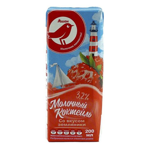 Молочный коктейль АШАН Красная птица со вкусом земляники 3,2% БЗМЖ 200 мл