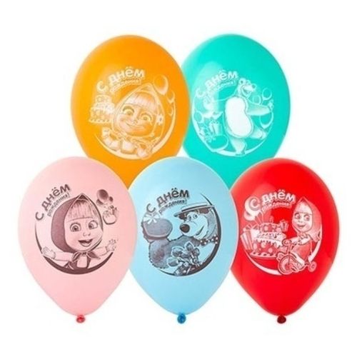 Воздушные шары Belbal С Днем рождения Маша и Медведь 12" 5 цветов 50 шт ...