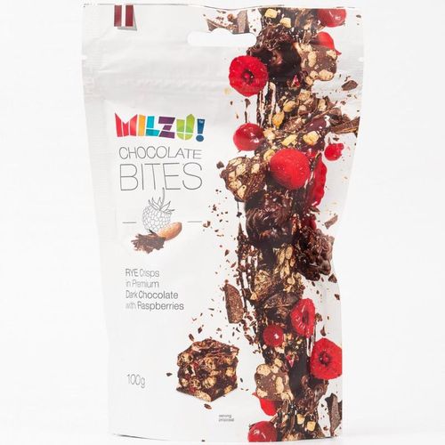 Шоколадные конфеты Milzu! из темного шоколада со ржаными хлопьями и малиной 100 г