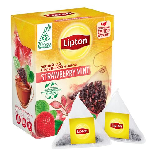 Чай черный Lipton Strawberry Mint с клубникой и мятой в пирамидках 1,6 г х 20 шт