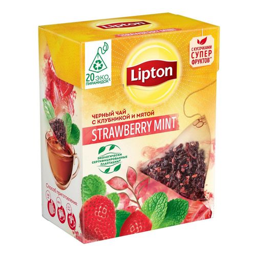 Чай черный Lipton Strawberry Mint с клубникой и мятой в пирамидках 1,6 г х 20 шт