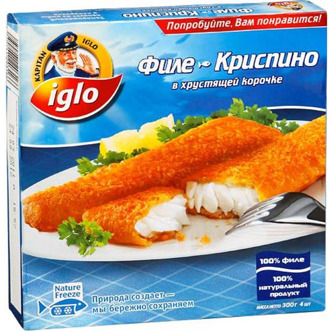 Готовые замороженные продукты. Iglo рыбные полуфабрикаты. Рыбное филе Iglo. Iglo замороженные продукты-. Филе минтая в кляре Криспино, 300 г.